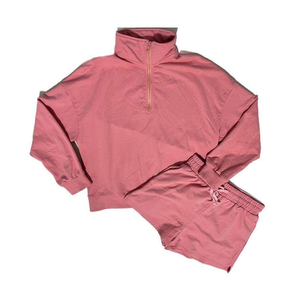 MEROKEETY Women Half Zip Lounge Set Sweatshirt and Shorts Medium Pink